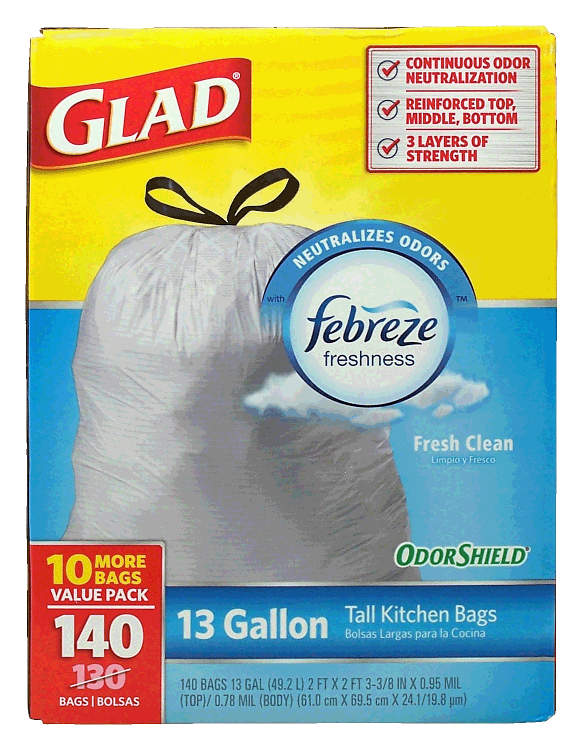 Glad febreze freshness tall drawstring kitchen bags, 13-gallon size, fresh clean, odor shield Full-Size Picture